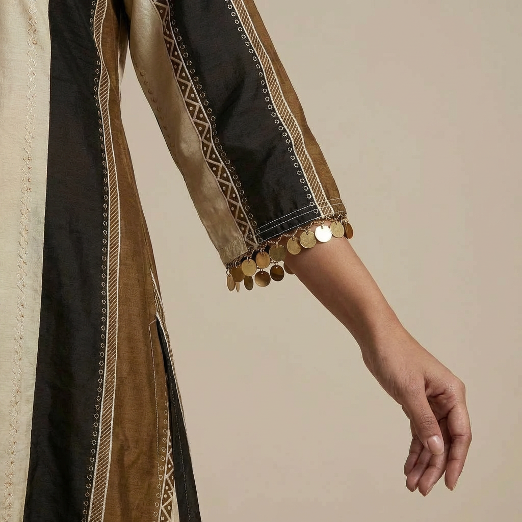 Brown Silk Panelled Kurta Set with Straight Pants
