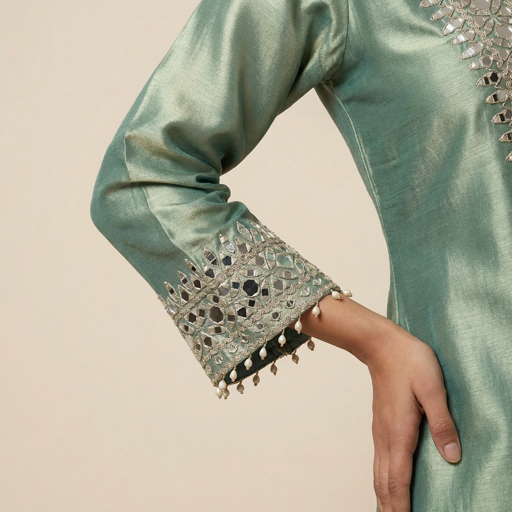 Giraffe Silk Green Mirror Work Indo-Western Dress