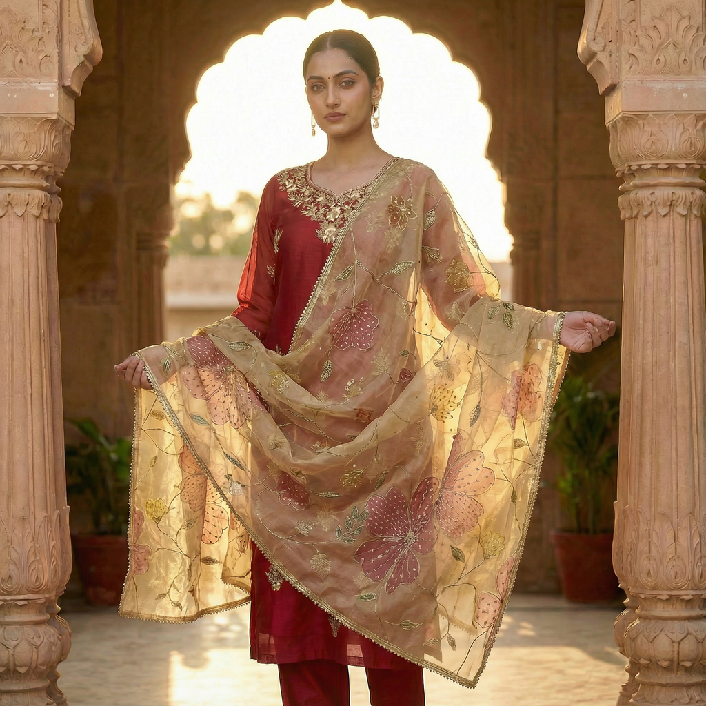 Zariya Gul Handcrafted Cherry Red Organza Kurta Set