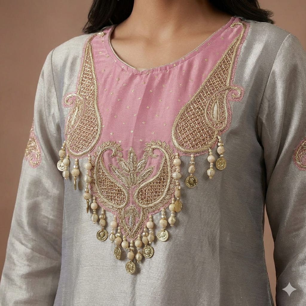 Silver Blush Elegance Giraff Silk Co-Ord Set with Farsi Salwar
