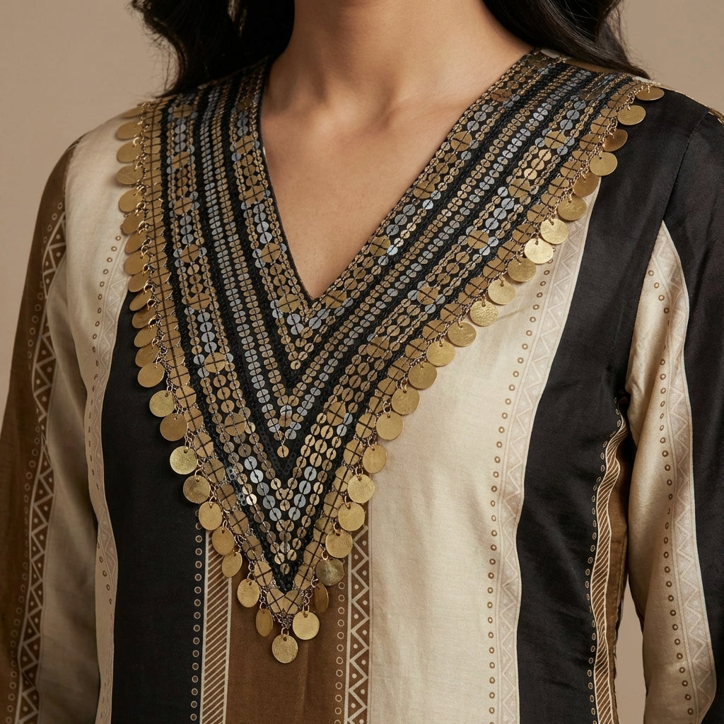 Brown Silk Panelled Kurta Set with Straight Pants