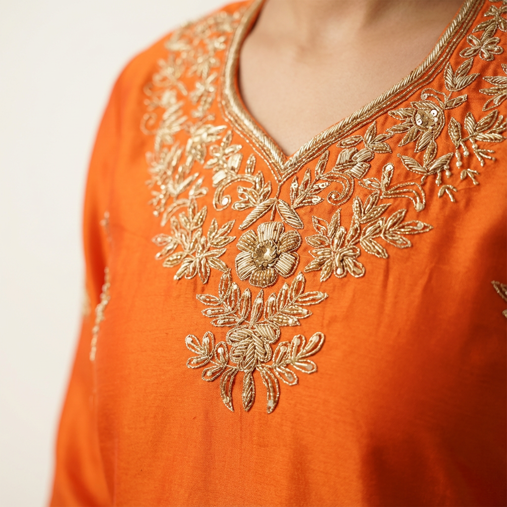 Zariya Noor Handcrafted Organza Rust Orange Kurta Set