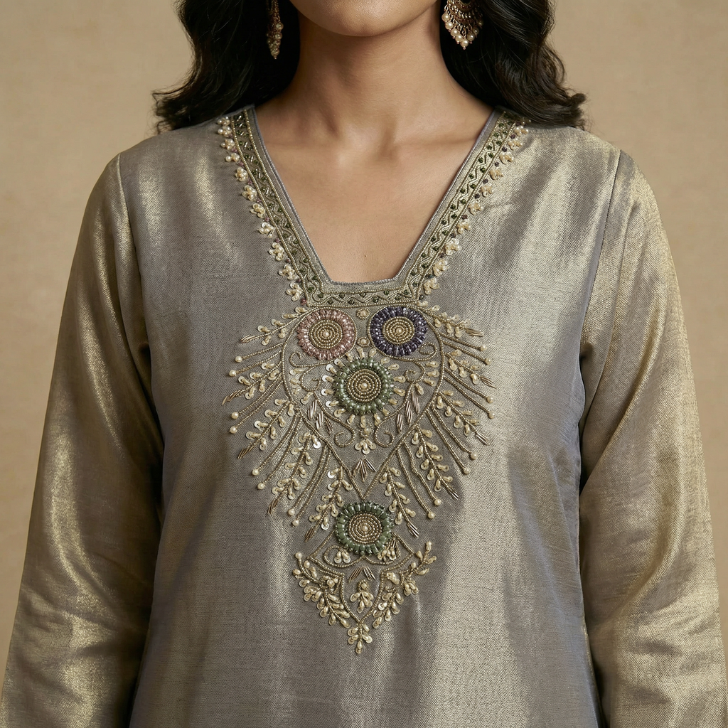 Champagne Grace Giraff Silk Co-Ord Set with Farsi Salwar