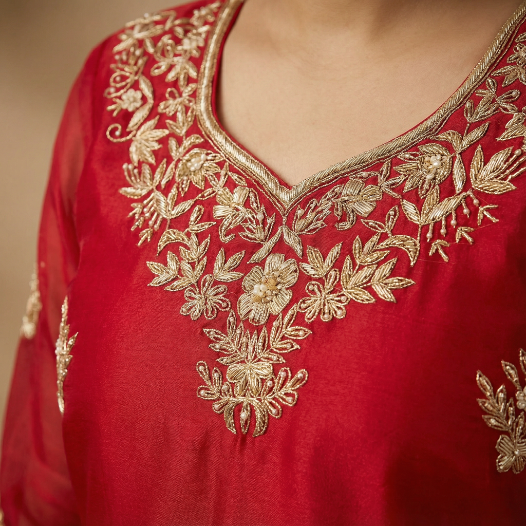 Zariya Gul Handcrafted Cherry Red Organza Kurta Set
