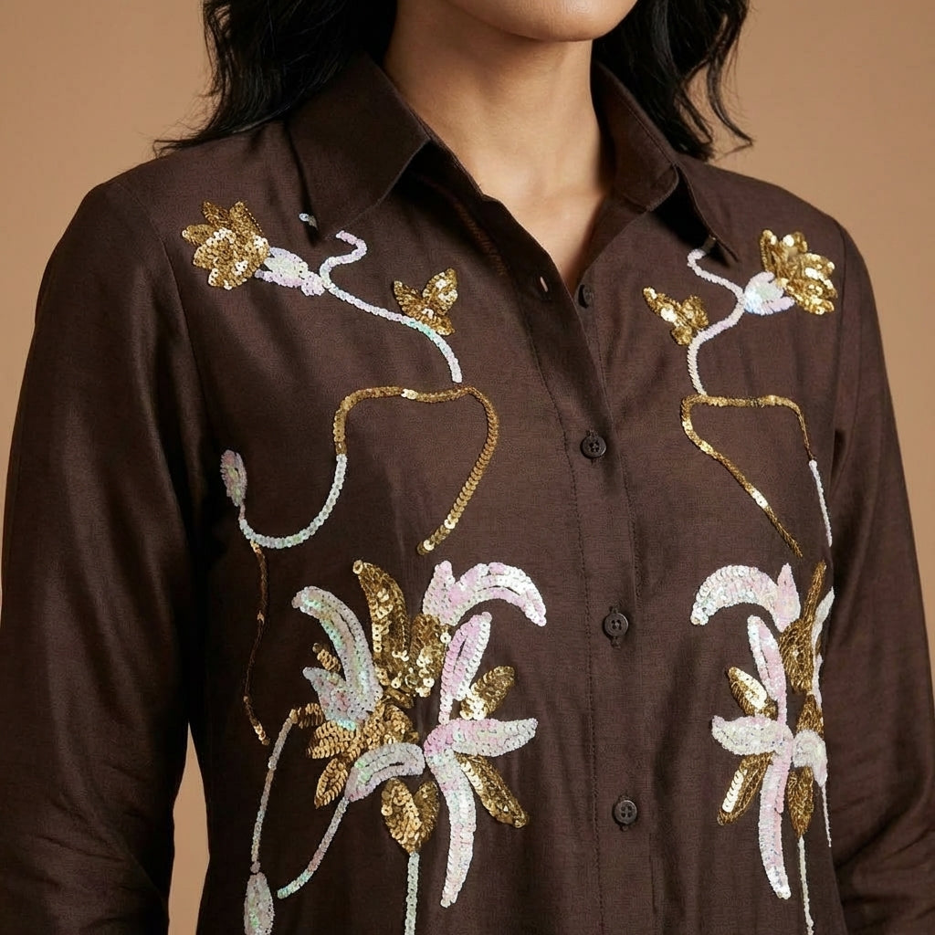Mocha Bloom Embroidered Co-Ord Set