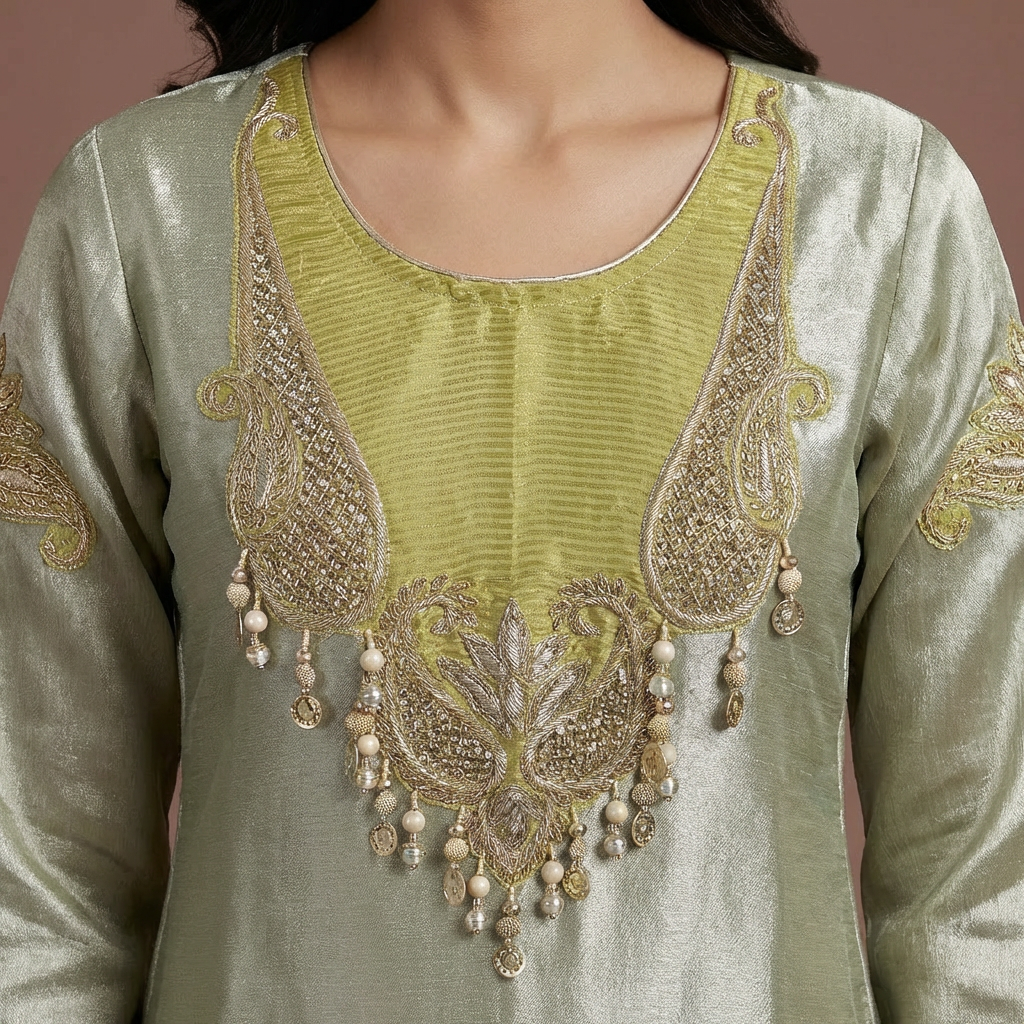 Green Blush Giraff Silk Co-Ord Set with Farsi Salwar
