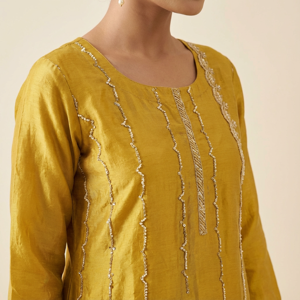 Sunheri Hand Embroidered Yellow Organza Kurta Set