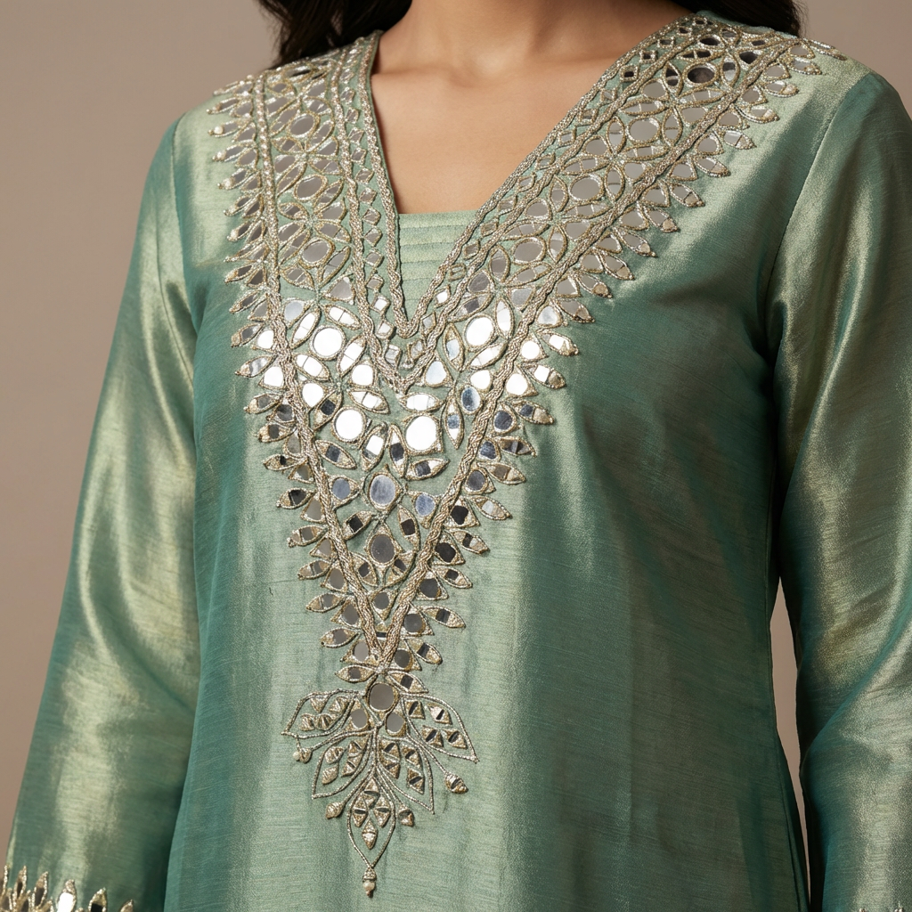 Giraffe Silk Green Mirror Work Indo-Western Dress