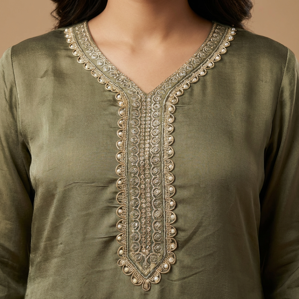 Olive Regal Embroidered Kurta Set
