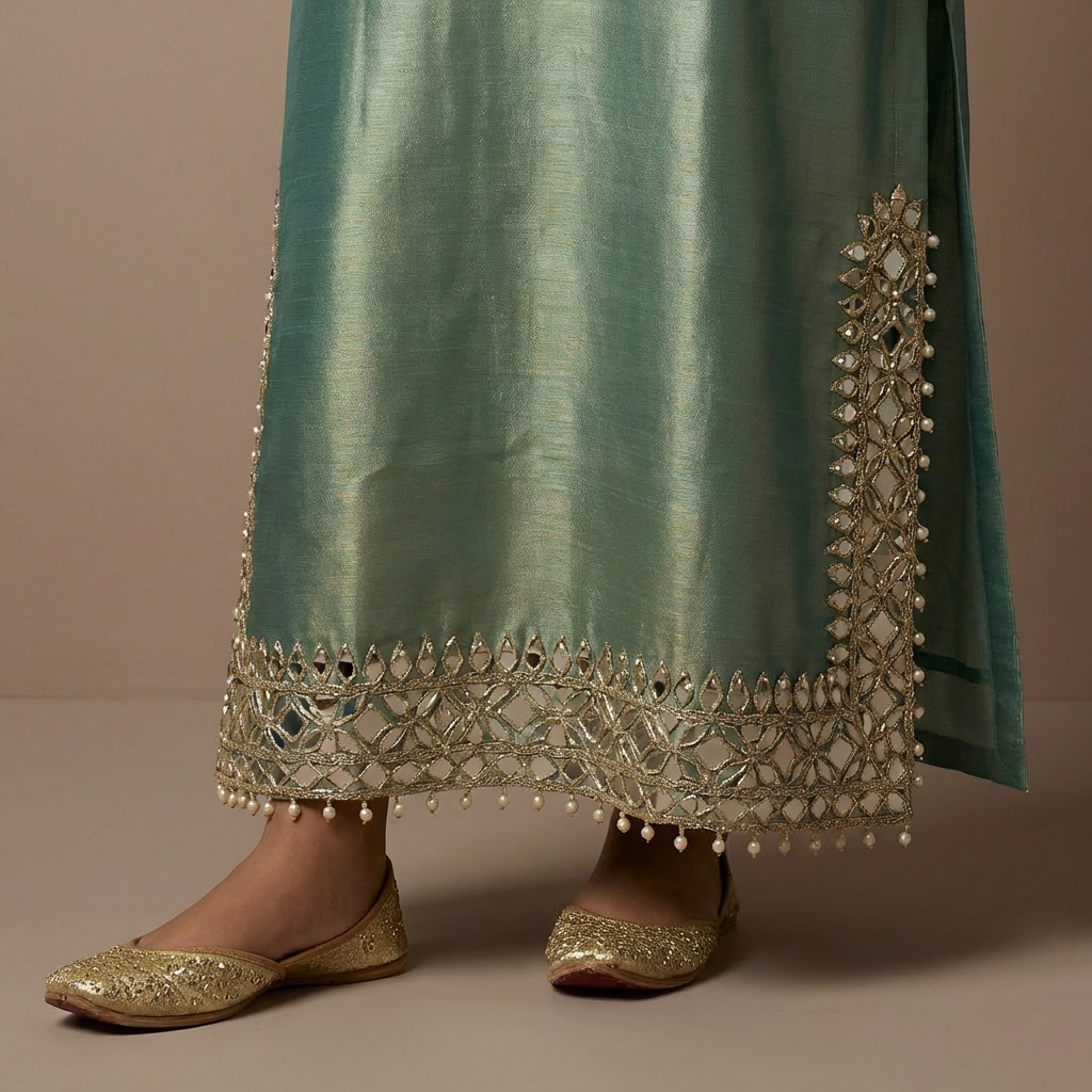 Giraffe Silk Green Mirror Work Indo-Western Dress