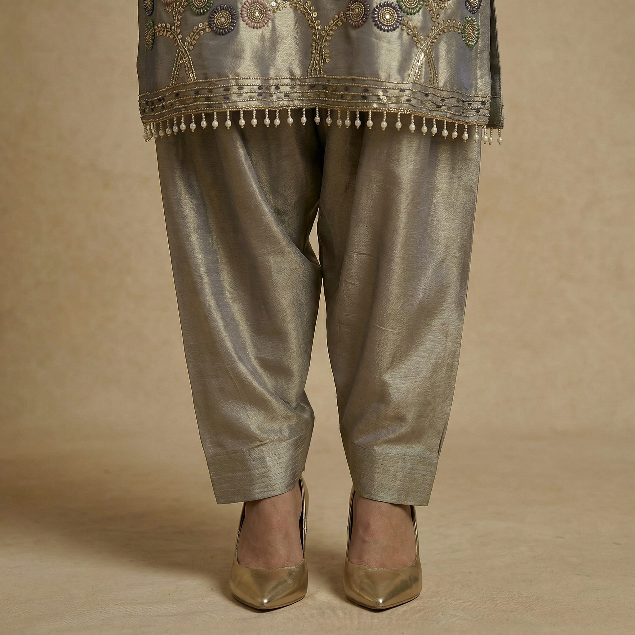 Champagne Grace Giraff Silk Co-Ord Set with Farsi Salwar