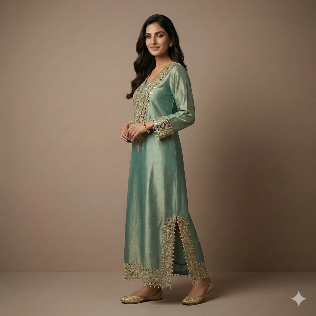 Giraffe Silk Green Mirror Work Indo-Western Dress