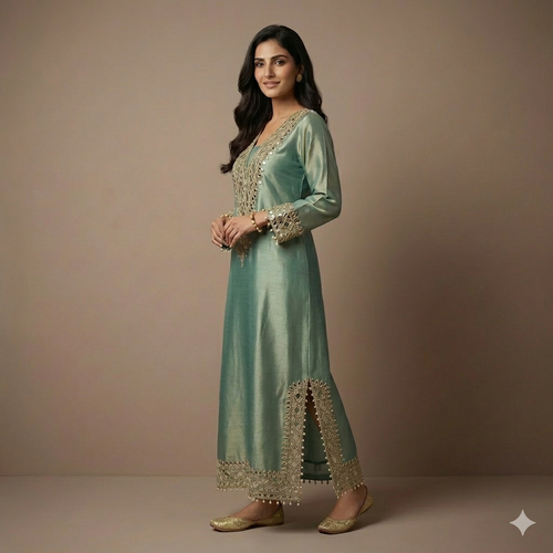 Giraffe Silk Green Mirror Work Indo-Western Dress
