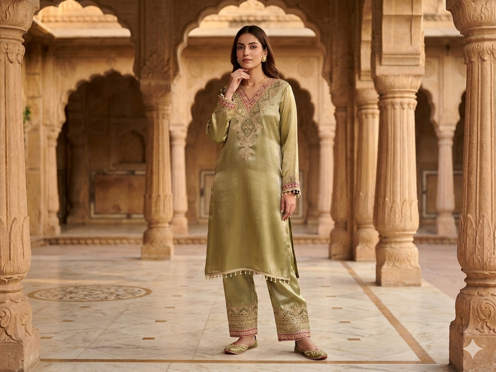 Olive Aura Giraff Silk Co-Ord Set