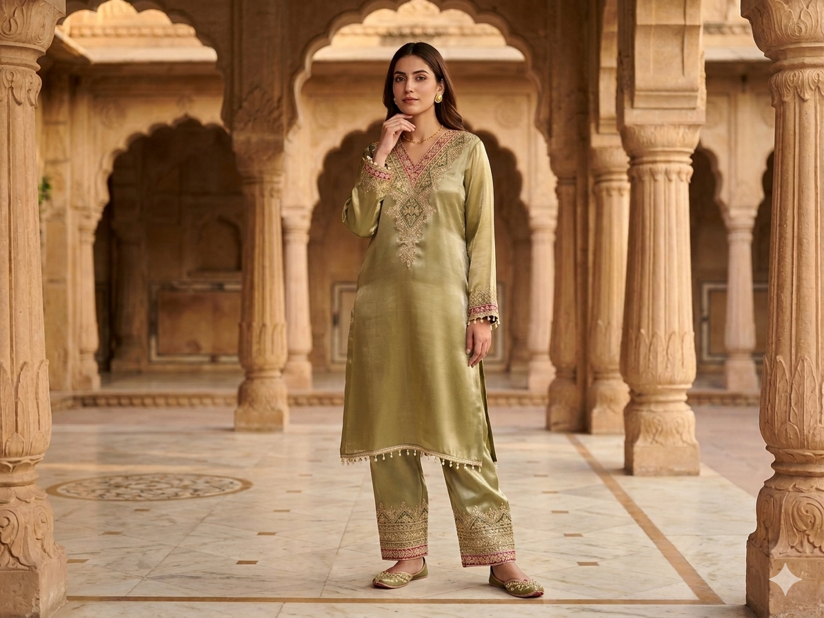 Olive Aura Giraff Silk Co-Ord Set