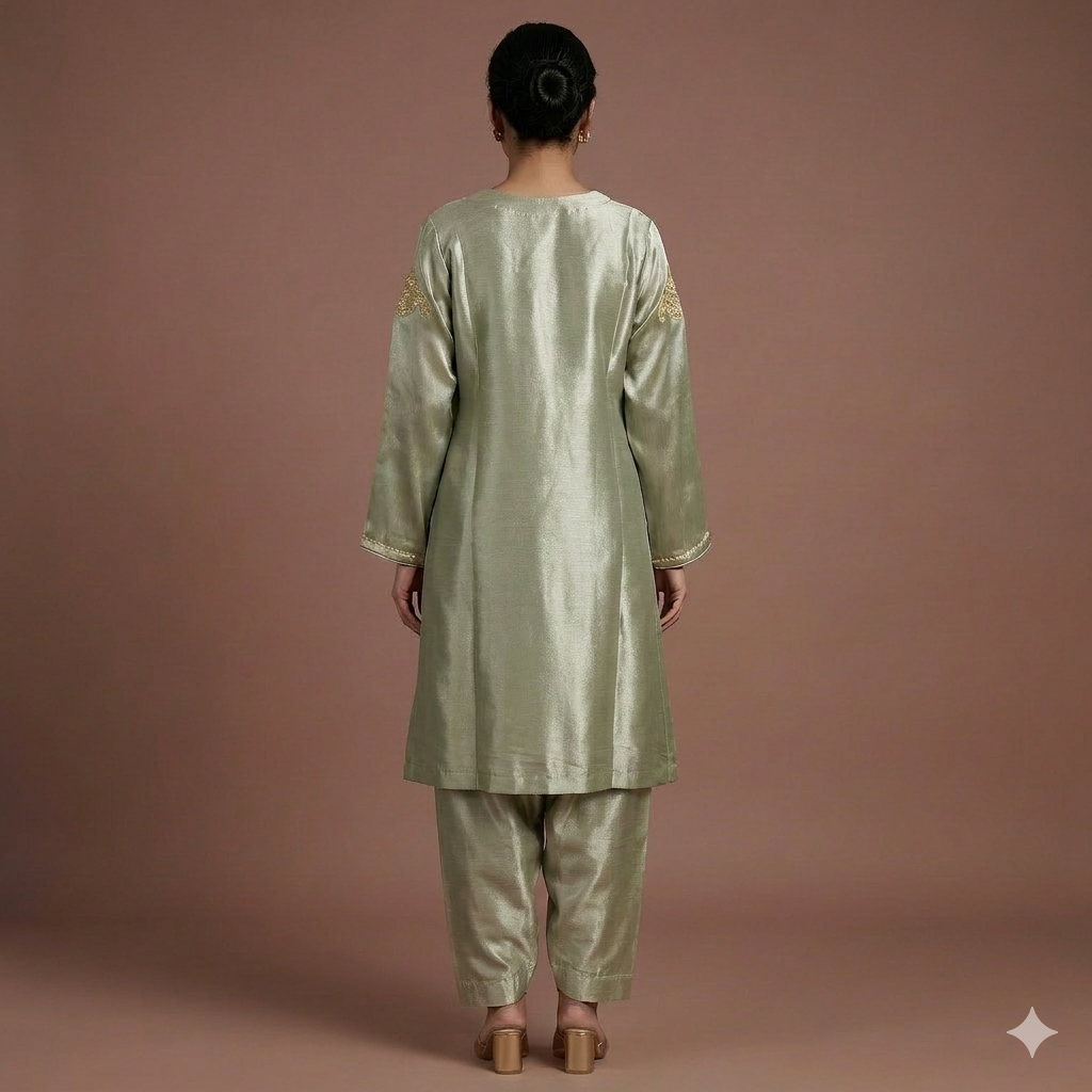Green Blush Giraff Silk Co-Ord Set with Farsi Salwar