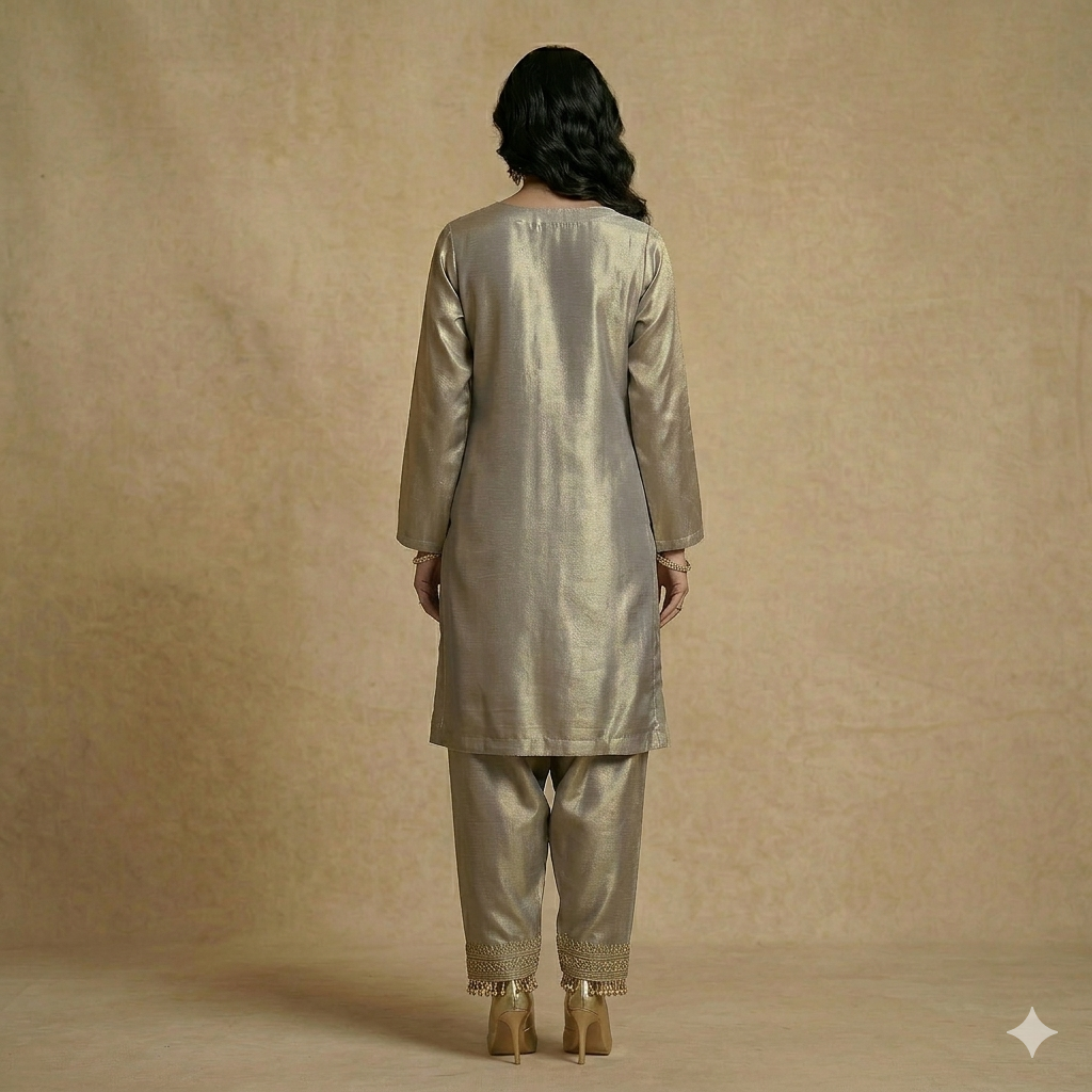 Champagne Grace Giraff Silk Co-Ord Set with Farsi Salwar