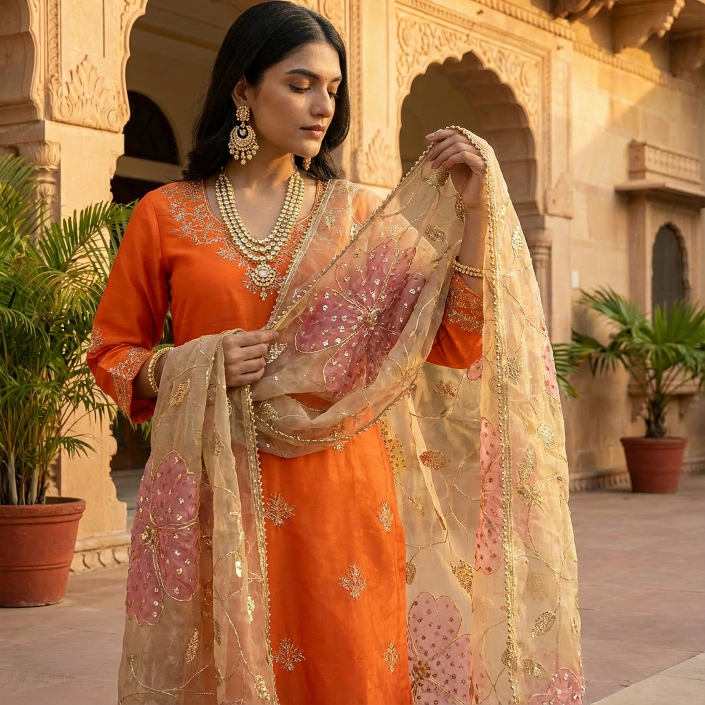 Zariya Noor Handcrafted Organza Rust Orange Kurta Set