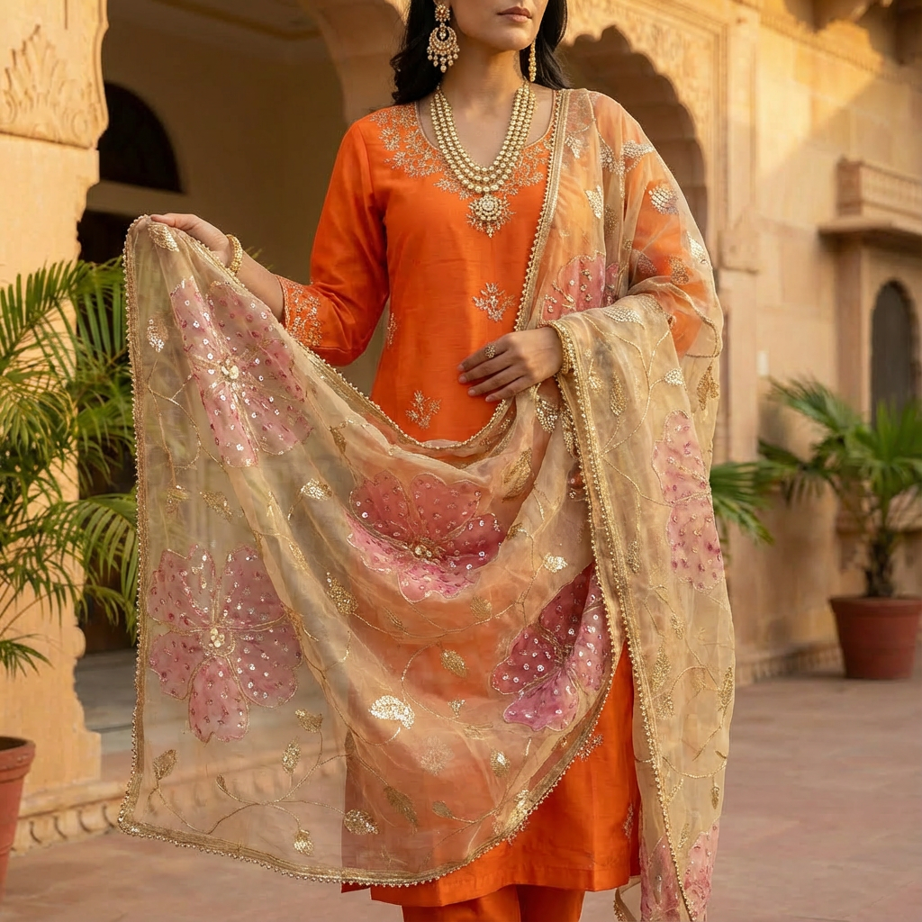 Zariya Noor Handcrafted Organza Rust Orange Kurta Set
