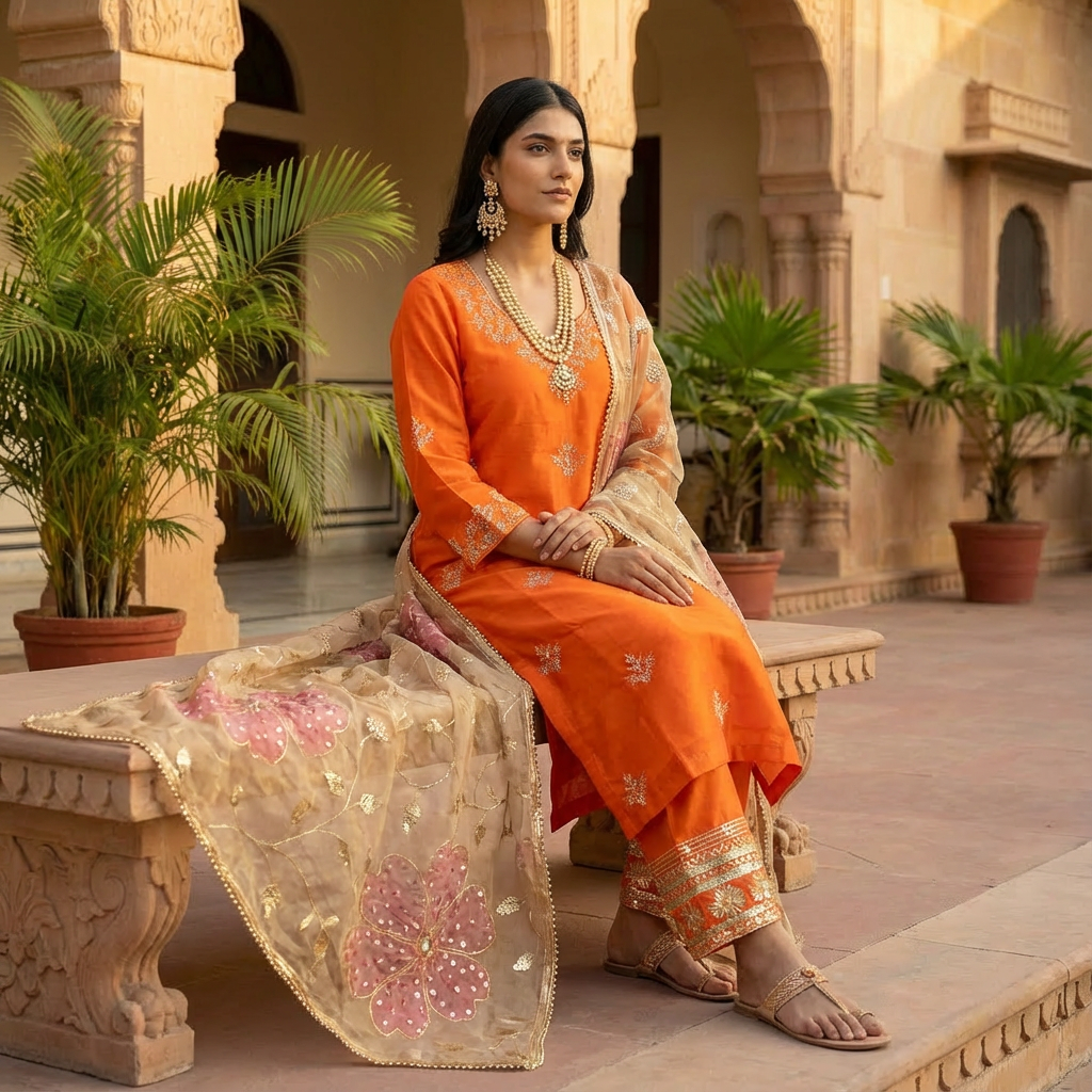 Zariya Noor Handcrafted Organza Rust Orange Kurta Set