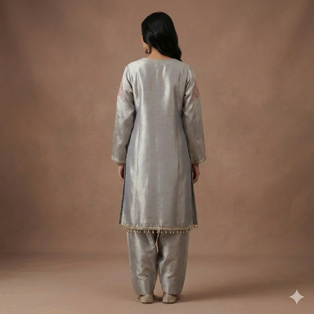 Silver Blush Elegance Giraff Silk Co-Ord Set with Farsi Salwar