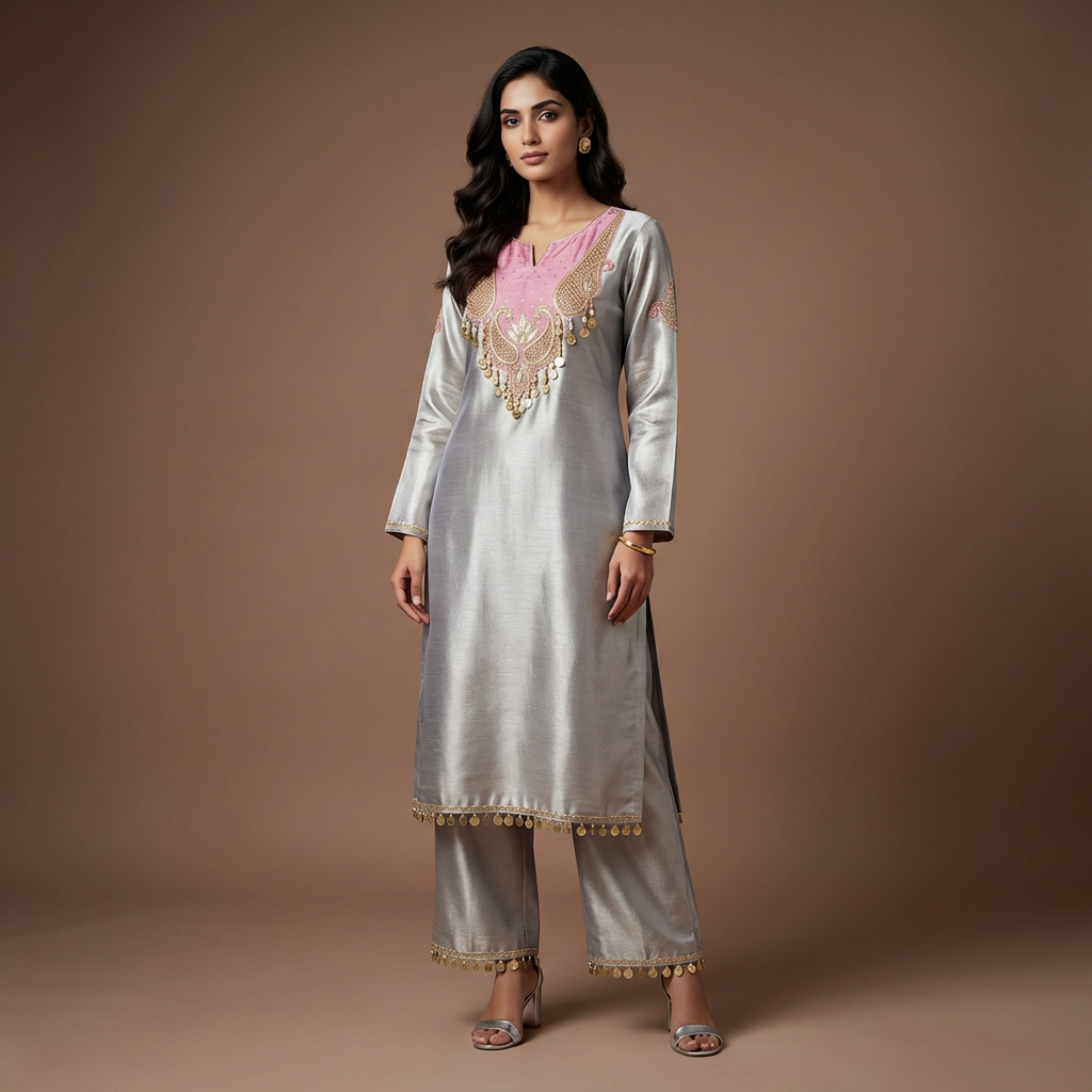 Silver Blush Elegance Giraff Silk Co-Ord Set with Farsi Salwar