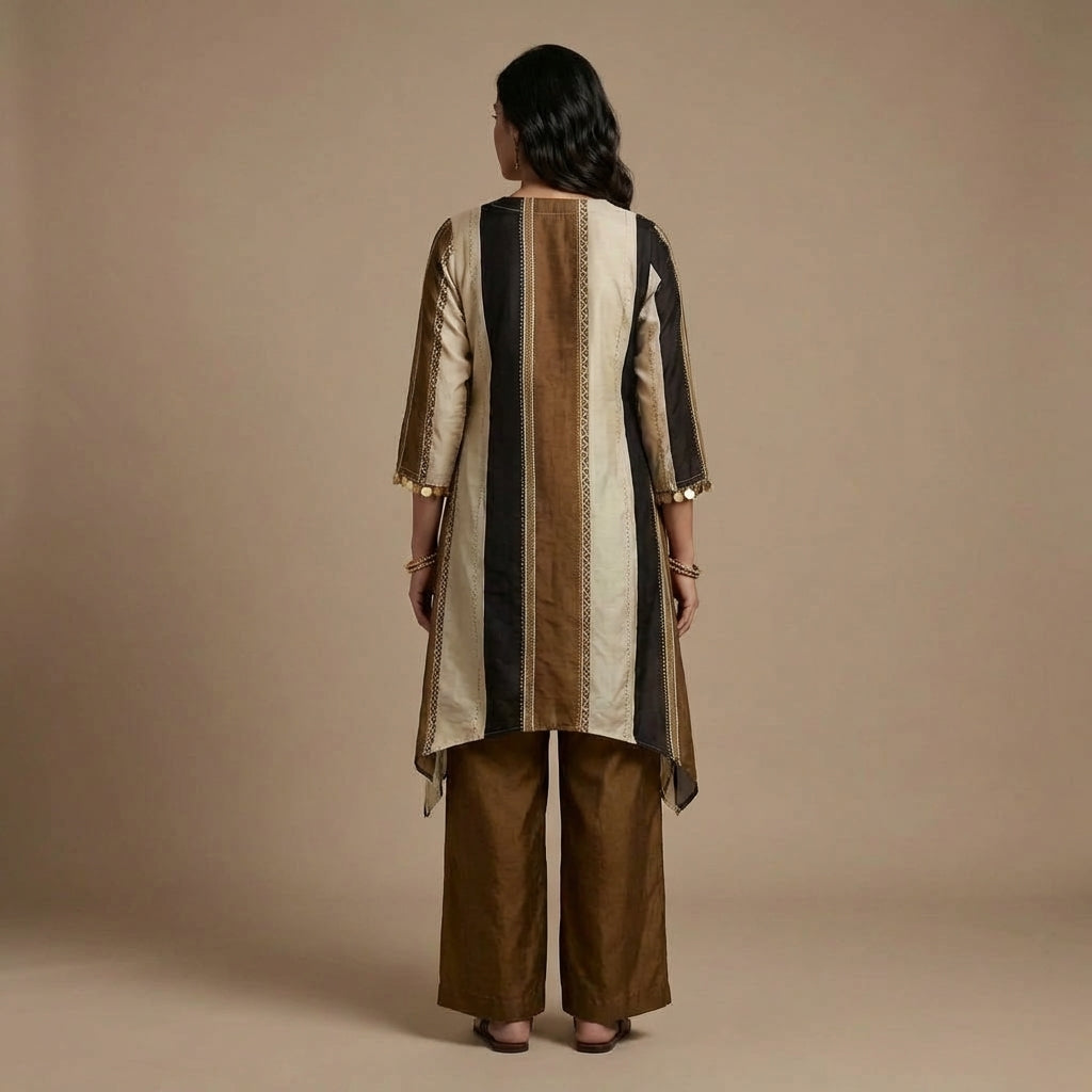 Brown Silk Panelled Kurta Set with Straight Pants