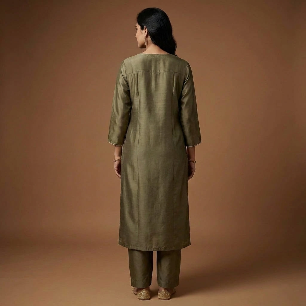 Olive Regal Embroidered Kurta Set