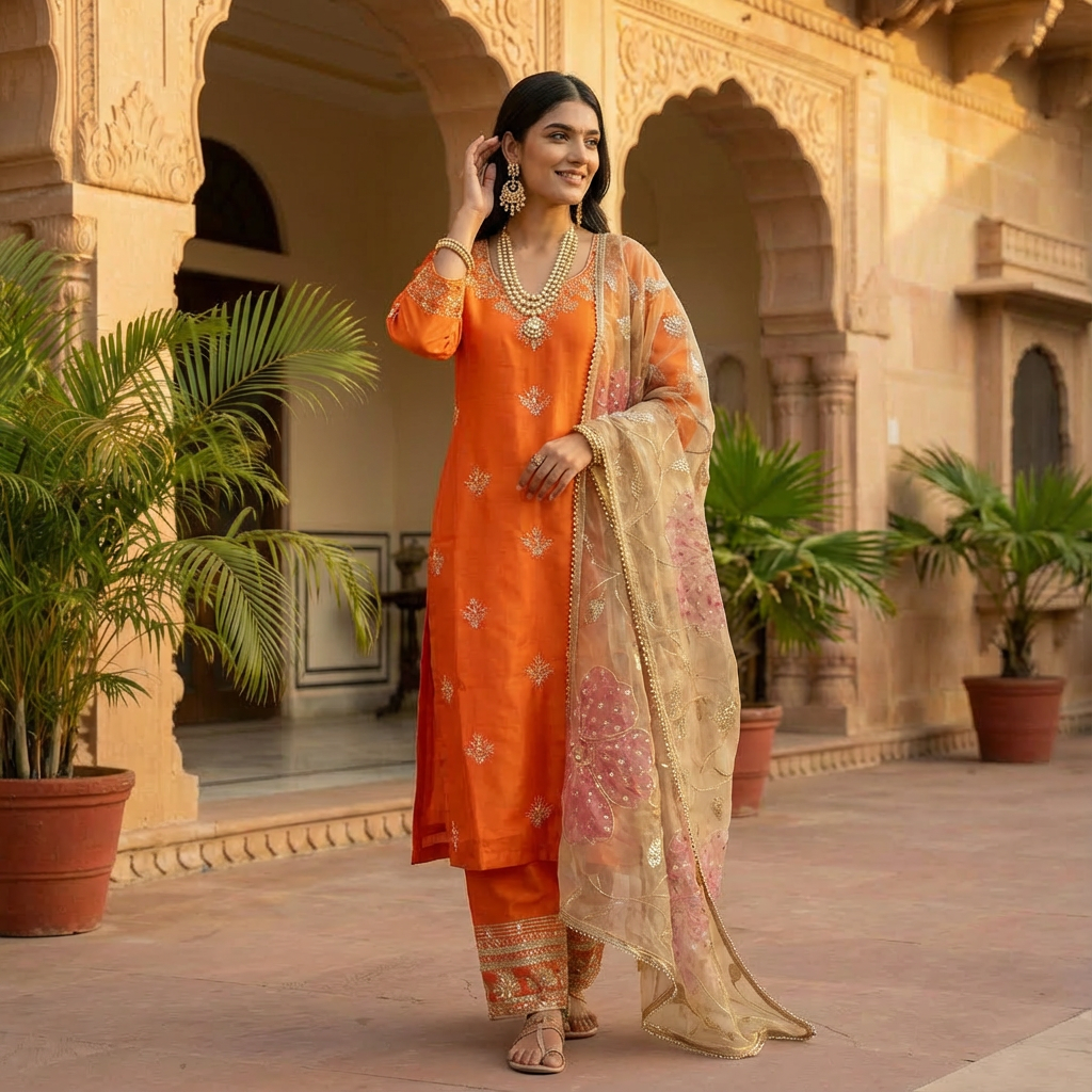 Zariya Noor Handcrafted Organza Rust Orange Kurta Set
