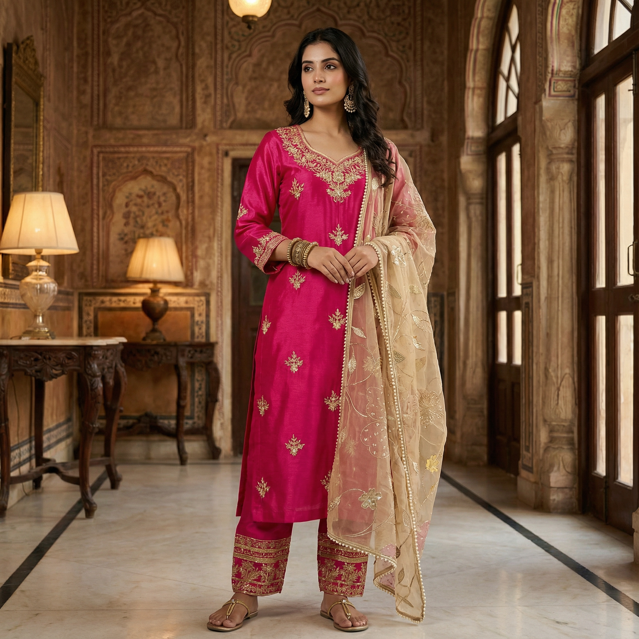 Gulnaar Zariya Handcrafted Organza fuchsia Kurta Set