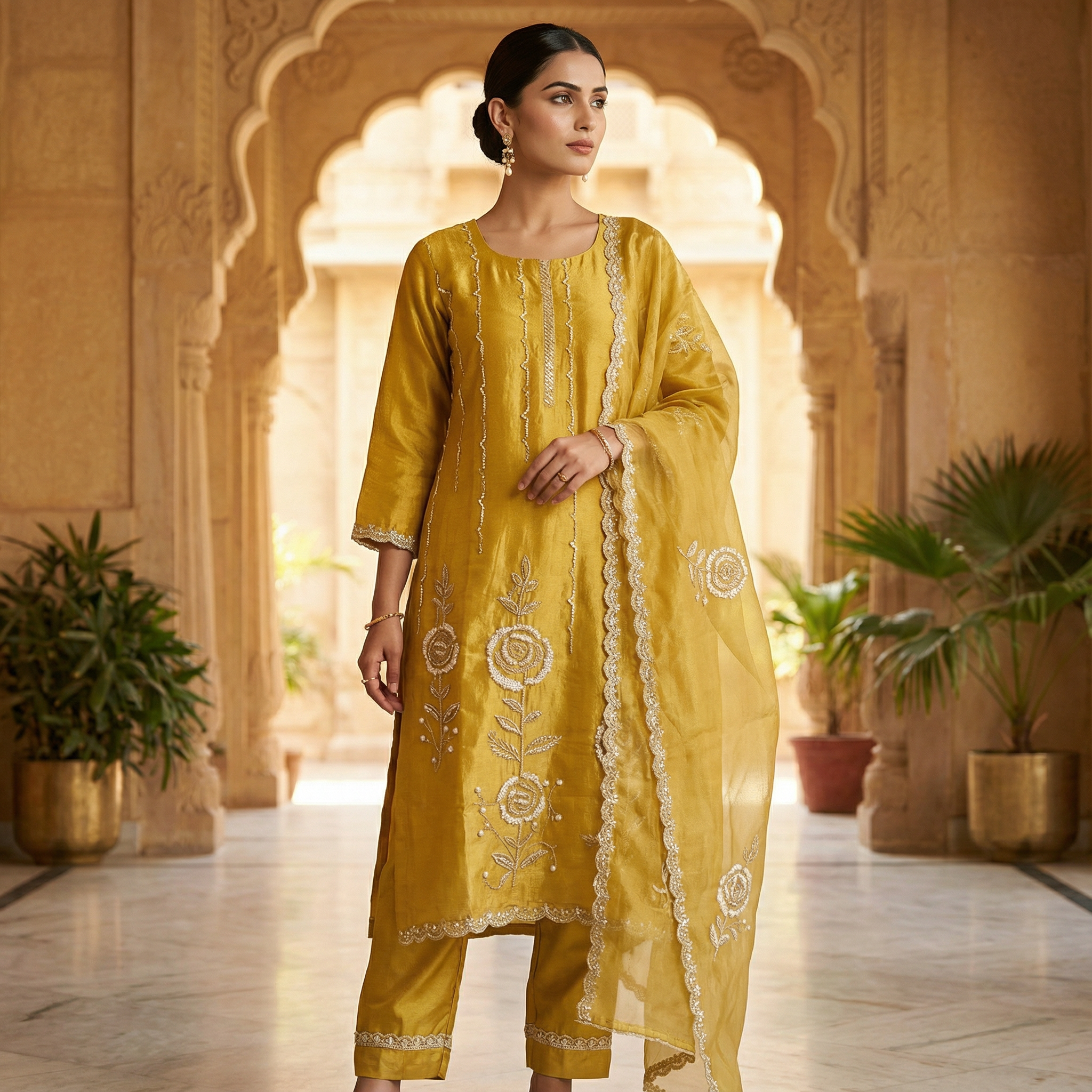 Sunheri Hand Embroidered Yellow Organza Kurta Set