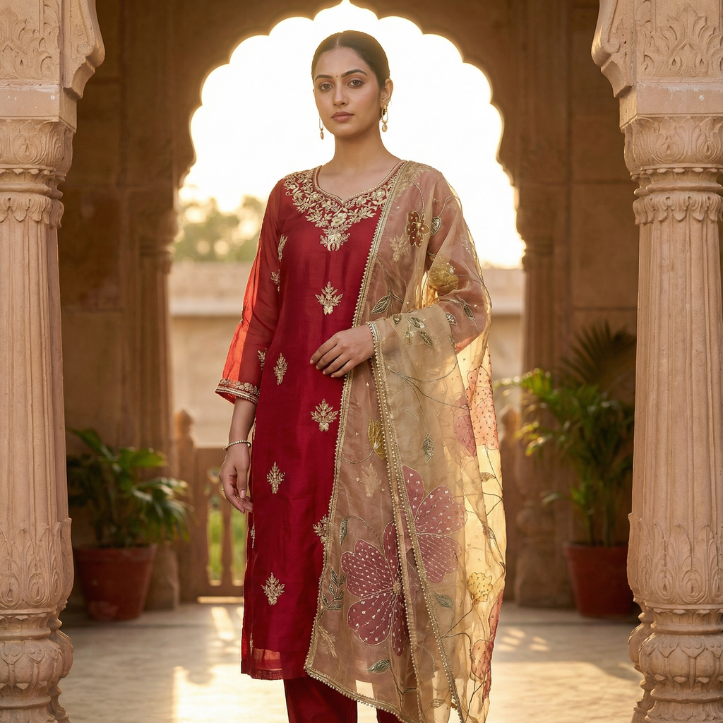 Zariya Gul Handcrafted Cherry Red Organza Kurta Set
