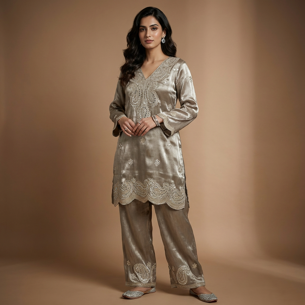 Chandani Giraffe Silk Silver Mirror work Ethnic Co-Ord Set