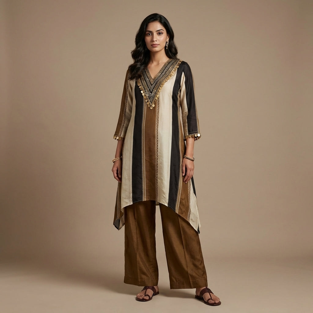 Brown Silk Panelled Kurta Set with Straight Pants
