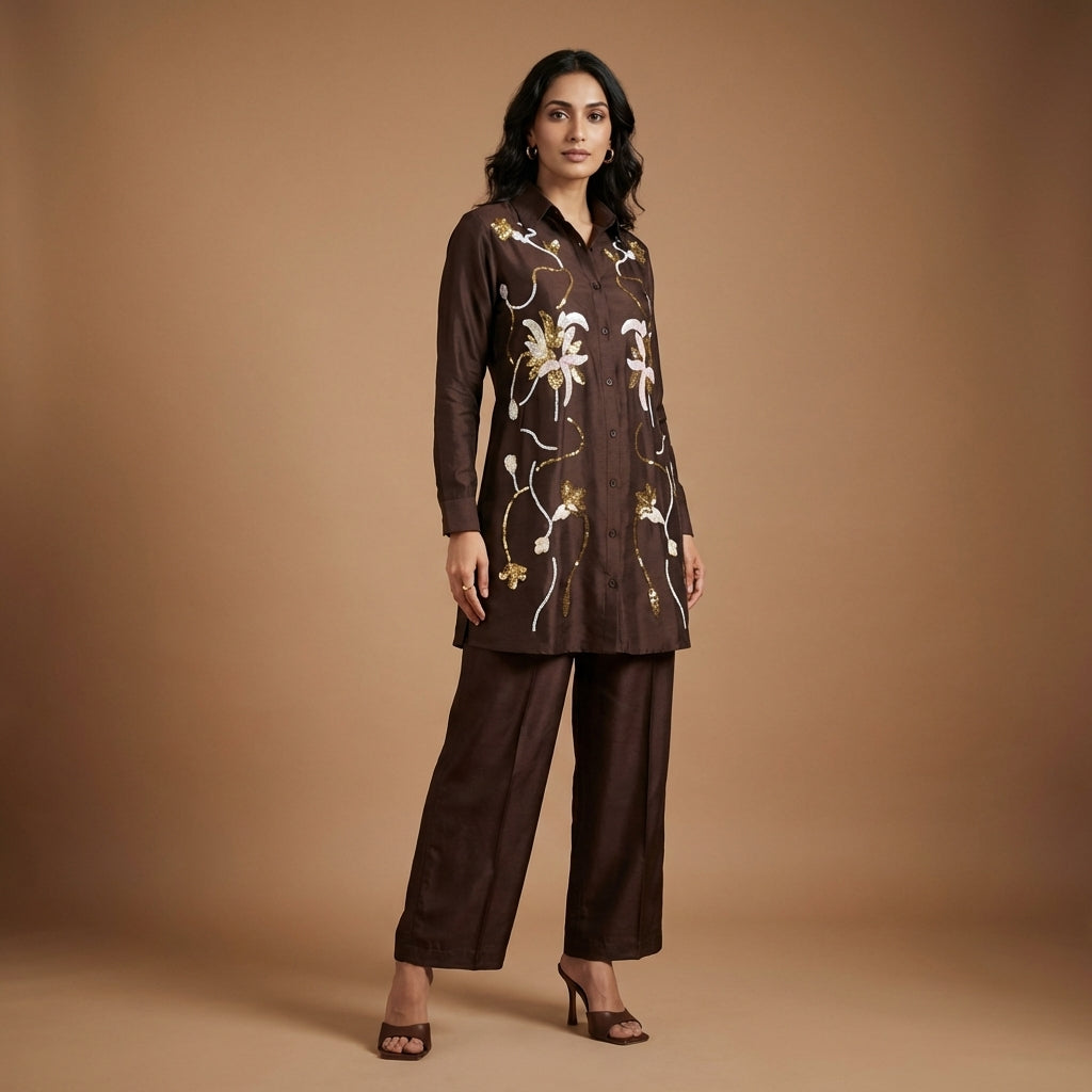 Mocha Bloom Embroidered Co-Ord Set