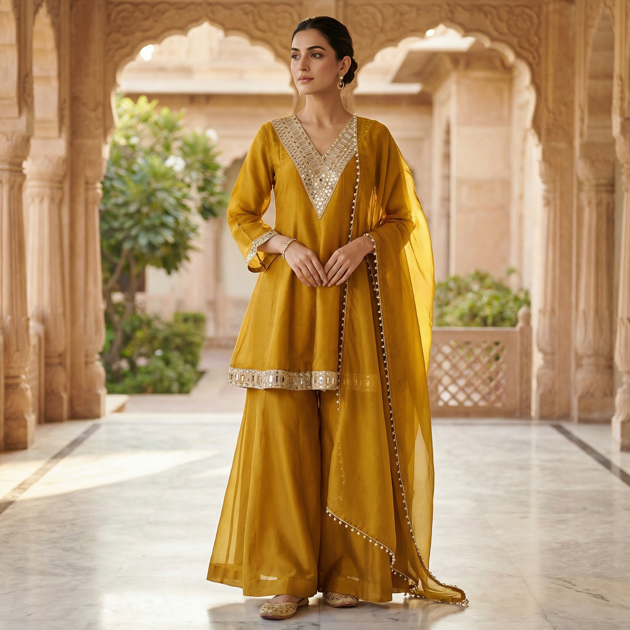 Sheesha Mustard Mirror work Kurta set