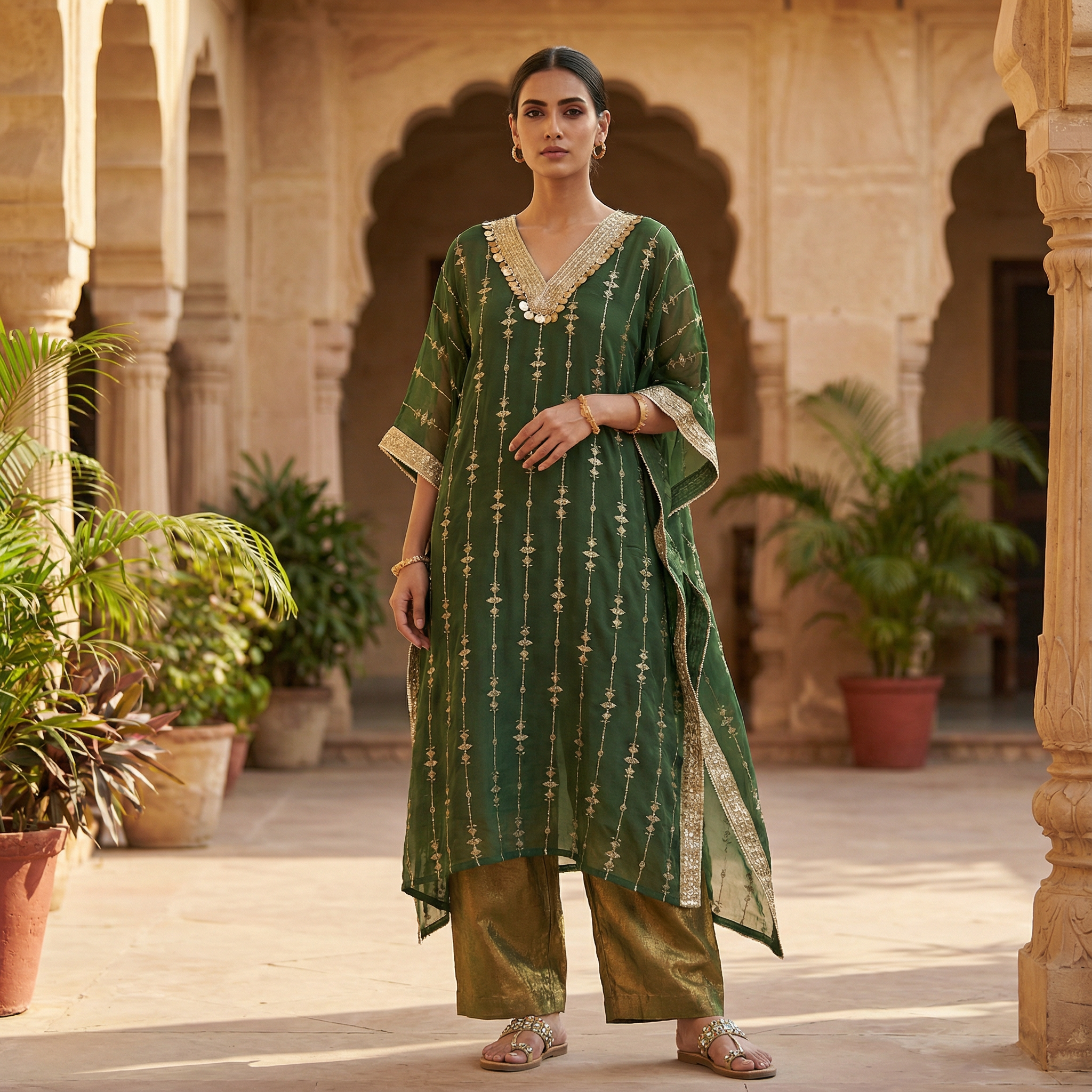 Saubhagya Handcrafted Green Organza Kaftan Set