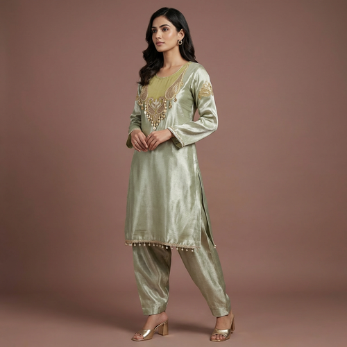 Green Blush Giraff Silk Co-Ord Set with Farsi Salwar