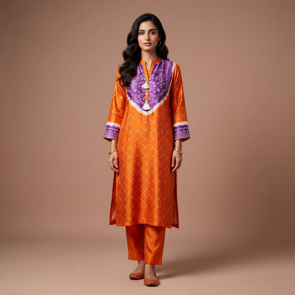 Tangerine Bandhej Gajji Silk Glow Kurta Set