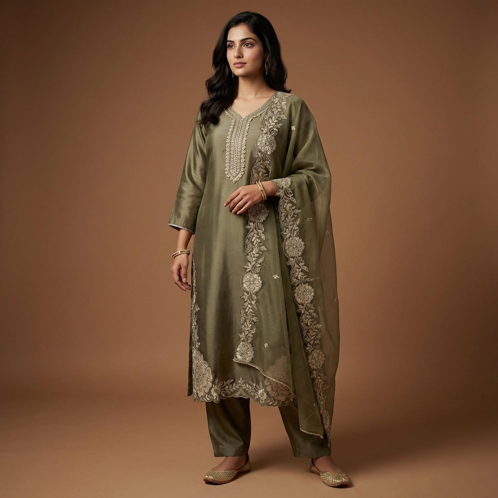 Olive Regal Embroidered Kurta Set