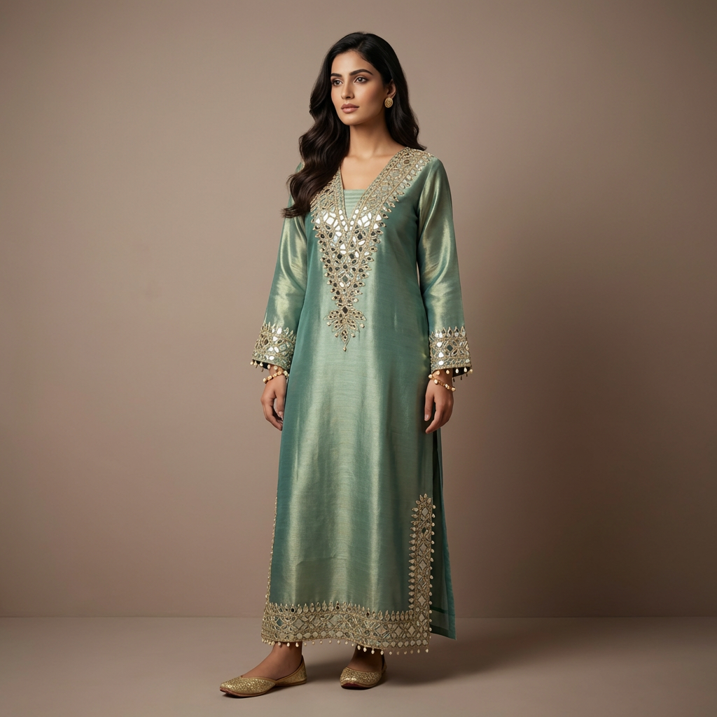 Giraffe Silk Green Mirror Work Indo-Western Dress