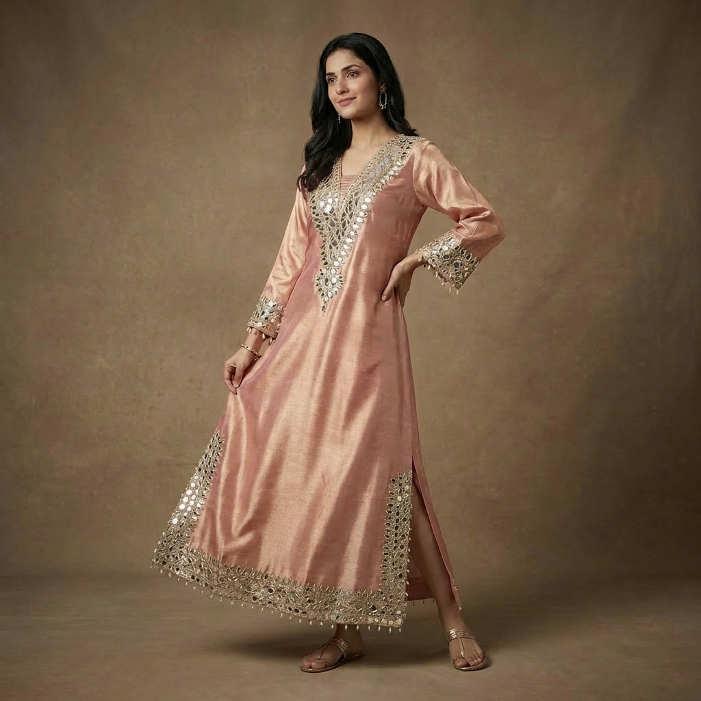 Giraffe Silk Pink Mirror Work Indo-Western Dress