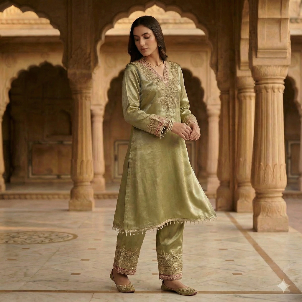 Olive Aura Giraff Silk Co-Ord Set