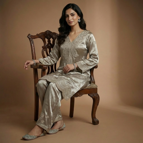 Chandani Giraffe Silk Silver Mirror work Ethnic Co-Ord Set
