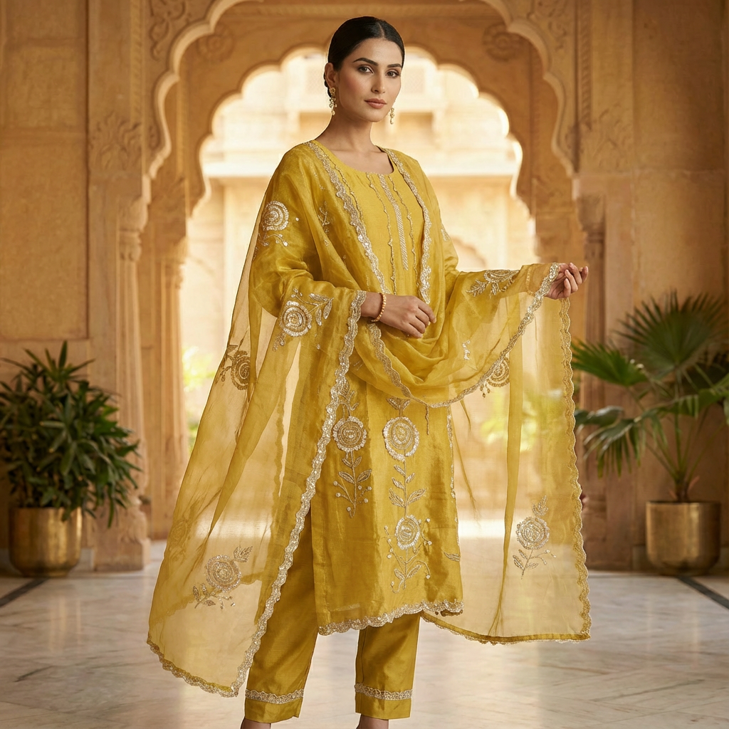 Sunheri Hand Embroidered Yellow Organza Kurta Set