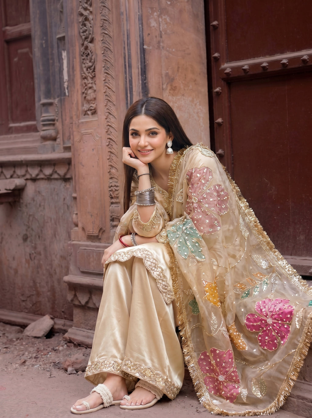 Pushpanjali Ivory satin - organza handwork  sharara set