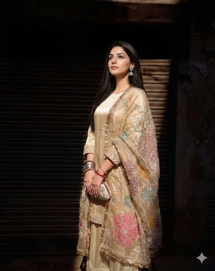 Pushpanjali Ivory satin - organza handwork  sharara set