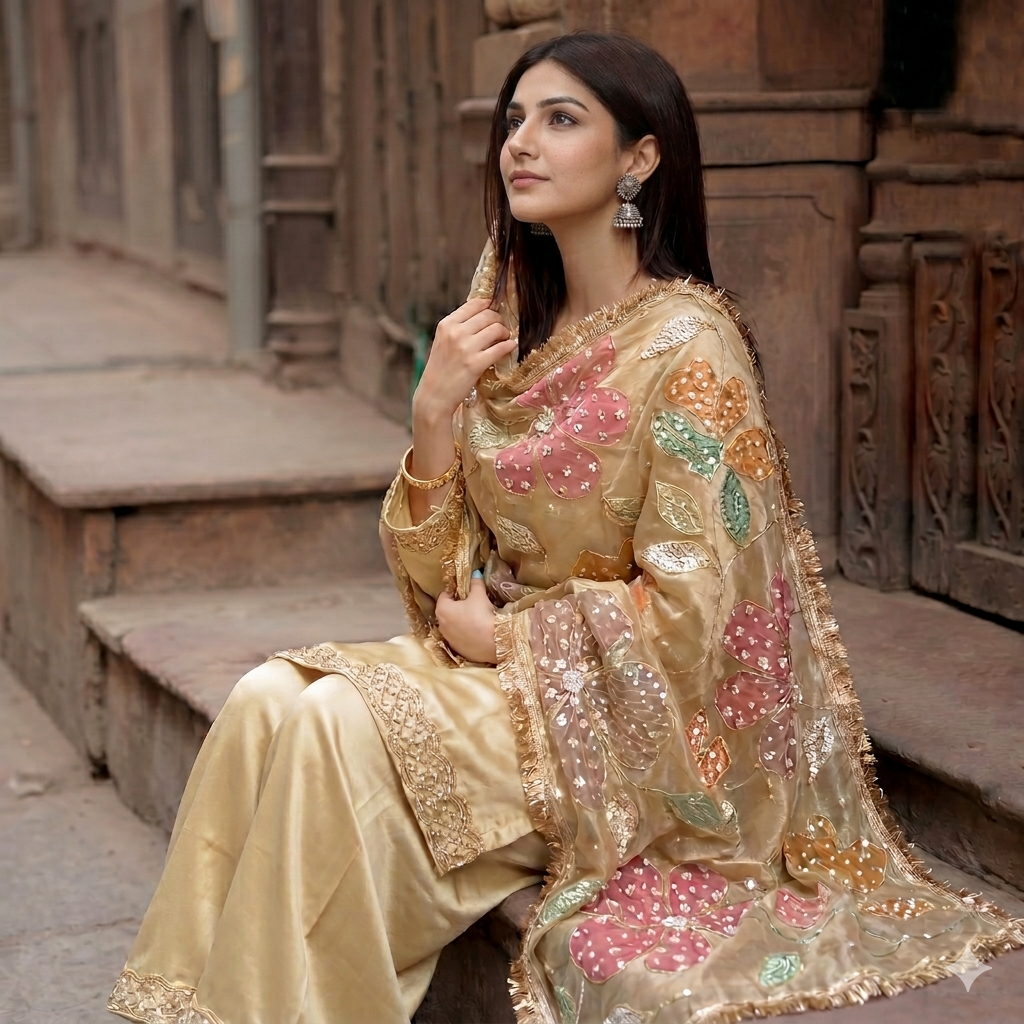 Pushpanjali Ivory satin - organza handwork  sharara set