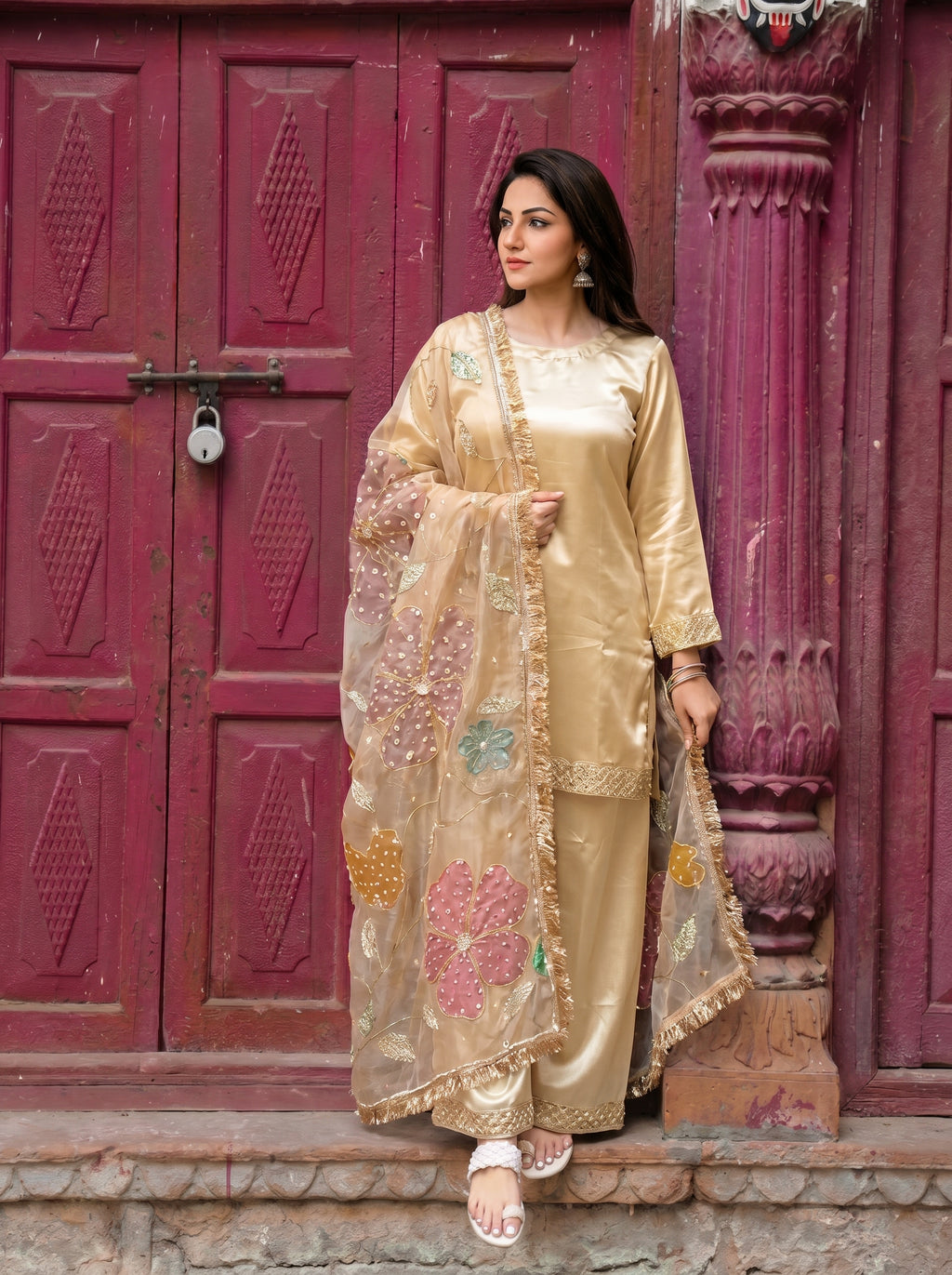 Pushpanjali Ivory satin - organza handwork  sharara set