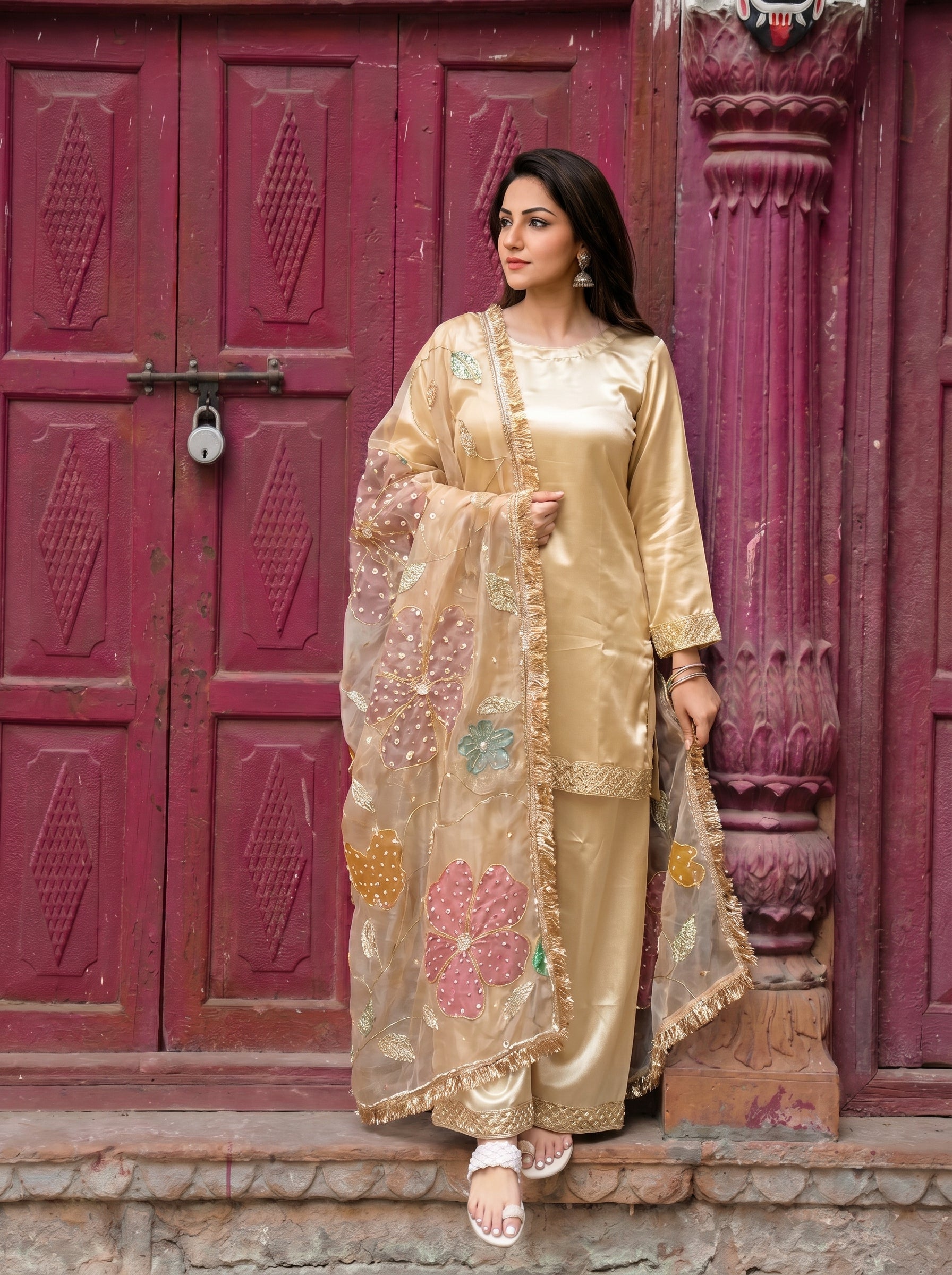 Pushpanjali Ivory satin - organza handwork  sharara set